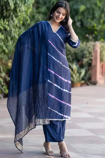 Leheriya Dyed V-Neck Pure Silk Straight Kurta With Trousers & Dupatta