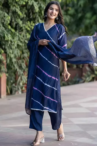 Leheriya Dyed V-Neck Pure Silk Straight Kurta With Trousers & Dupatta