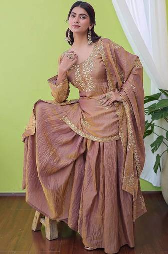 Women Ethnic Motifs Embroidered Regular Sequinned Kurta with Sharara & With Dupatta