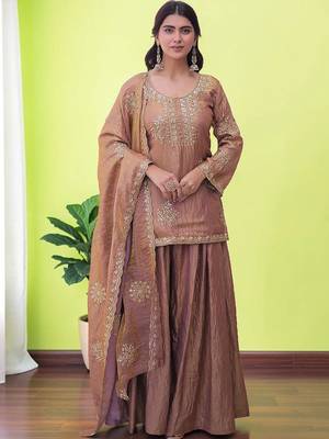 Women Ethnic Motifs Embroidered Regular Sequinned Kurta with Sharara & With Dupatta 2