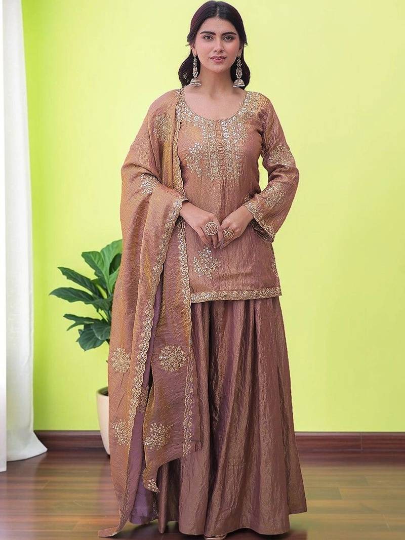 Women Ethnic Motifs Embroidered Regular Sequinned Kurta with Sharara & With Dupatta
