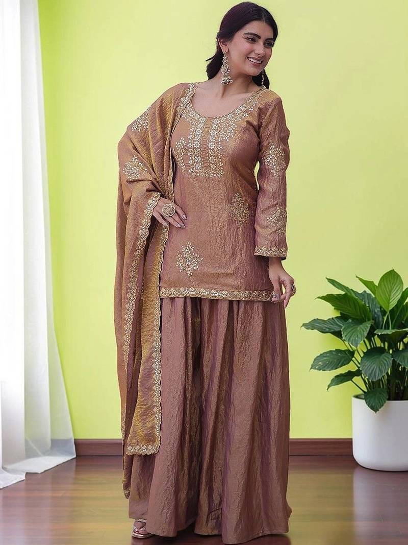Women Ethnic Motifs Embroidered Regular Sequinned Kurta with Sharara & With Dupatta
