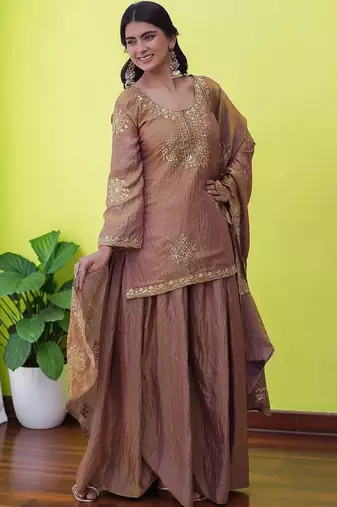 Women Ethnic Motifs Embroidered Regular Sequinned Kurta with Sharara & With Dupatta