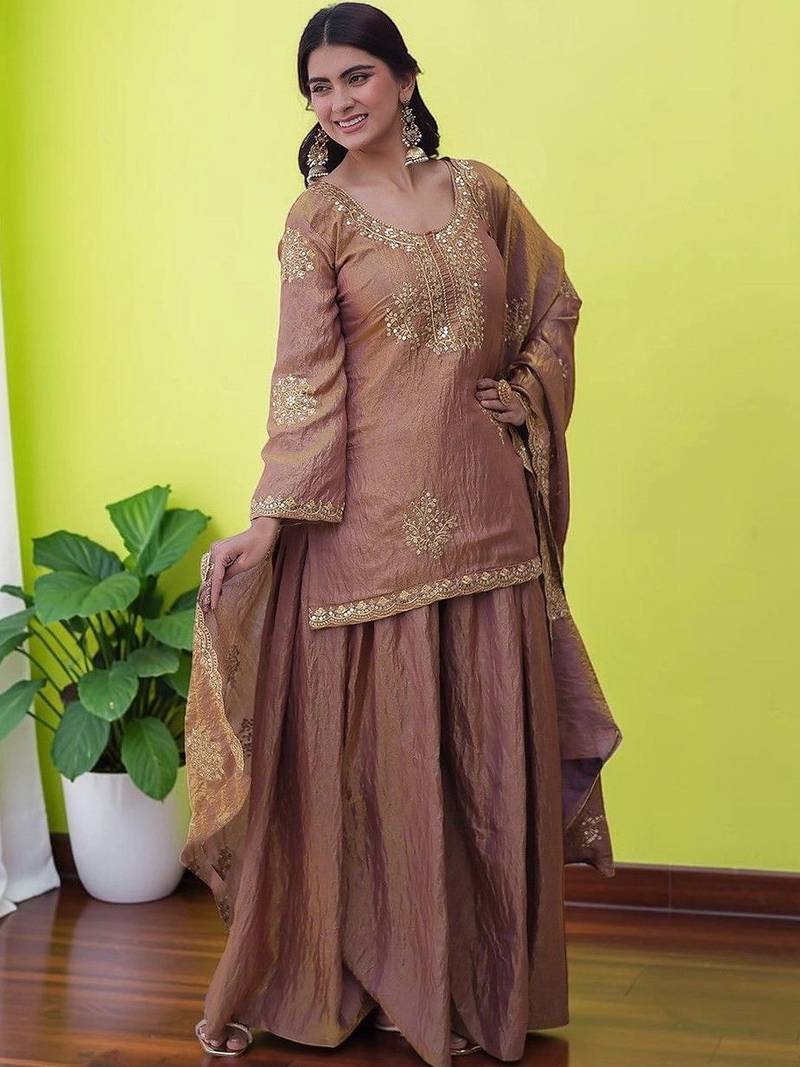 Women Ethnic Motifs Embroidered Regular Sequinned Kurta with Sharara & With Dupatta