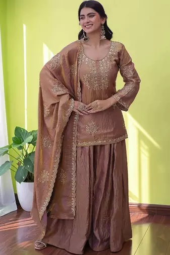 Women Ethnic Motifs Embroidered Regular Sequinned Kurta with Sharara & With Dupatta