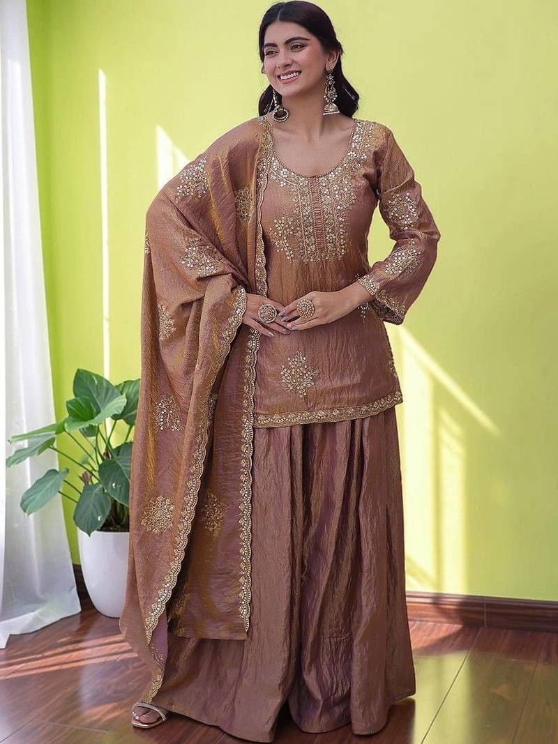 Women Ethnic Motifs Embroidered Regular Sequinned Kurta with Sharara & With Dupatta