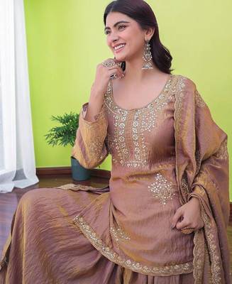Women Ethnic Motifs Embroidered Regular Sequinned Kurta with Sharara & With Dupatta 7