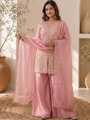 Women Ethnic Motifs Embroidered Regular Kurta with Sharara & With Dupatta 3