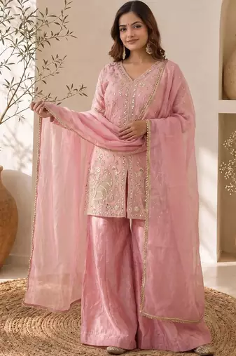 Women Ethnic Motifs Embroidered Regular Kurta with Sharara & With Dupatta