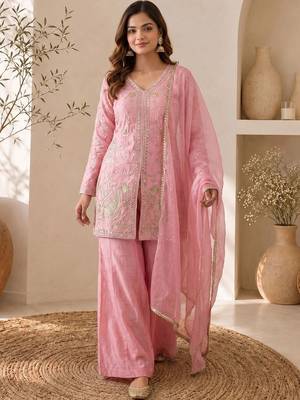 Women Ethnic Motifs Embroidered Regular Kurta with Sharara & With Dupatta 6