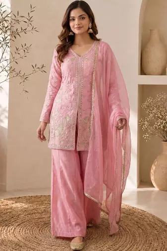 Women Ethnic Motifs Embroidered Regular Kurta with Sharara & With Dupatta