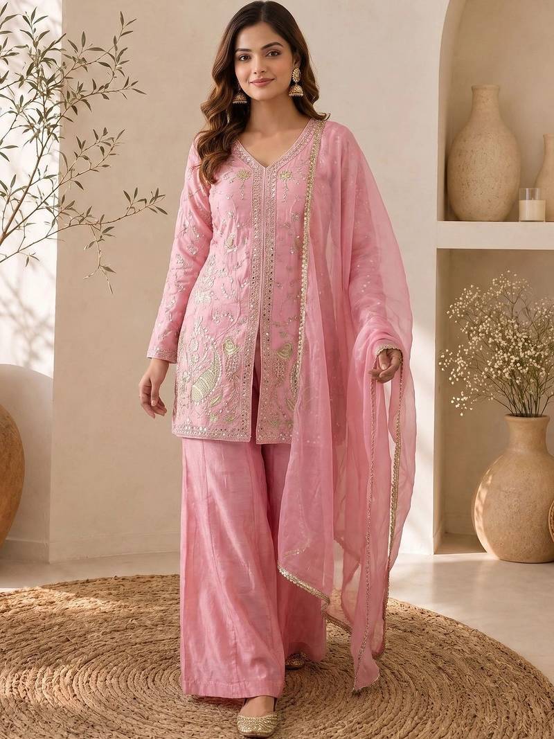 Women Ethnic Motifs Embroidered Regular Kurta with Sharara & With Dupatta