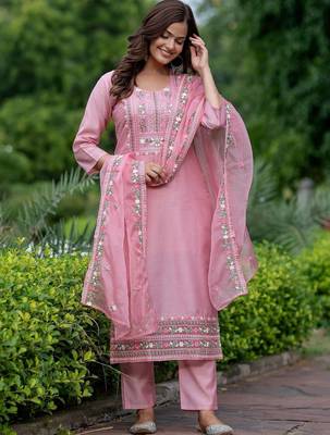 Women Ethnic Motifs Embroidered Regular Thread Work Chanderi Silk Kurta with Trousers & With Dupatta 1