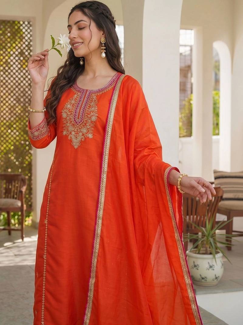 Women Ethnic Motifs Embroidered Regular Thread Work Kurta with Trousers & With Dupatta