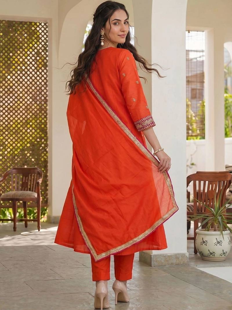 Women Ethnic Motifs Embroidered Regular Thread Work Kurta with Trousers & With Dupatta