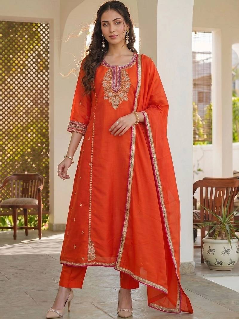 Women Ethnic Motifs Embroidered Regular Thread Work Kurta with Trousers & With Dupatta