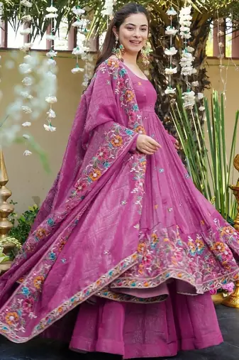 Women Floral Embroidered Empire Thread Work Kurta with Palazzos & With Dupatta