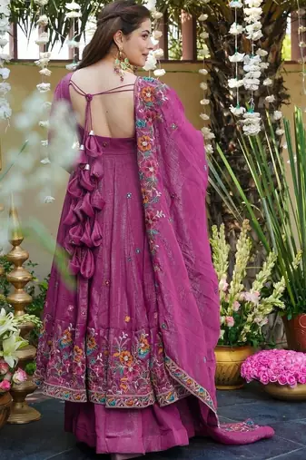 Women Floral Embroidered Empire Thread Work Kurta with Palazzos & With Dupatta