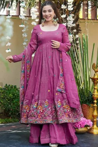 Women Floral Embroidered Empire Thread Work Kurta with Palazzos & With Dupatta