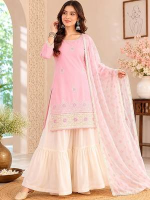 Women Ethnic Motifs Embroidered Regular Thread Work Kurta with Sharara & With Dupatta 1