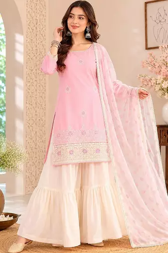 Women Ethnic Motifs Embroidered Regular Thread Work Kurta with Sharara & With Dupatta
