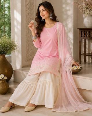 Women Ethnic Motifs Embroidered Regular Thread Work Kurta with Sharara & With Dupatta 2