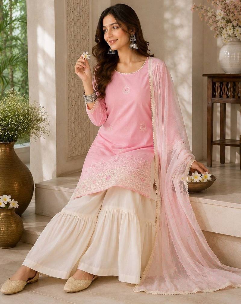 Women Ethnic Motifs Embroidered Regular Thread Work Kurta with Sharara & With Dupatta