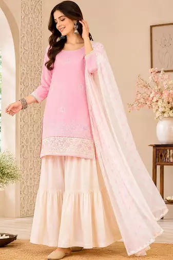 Women Ethnic Motifs Embroidered Regular Thread Work Kurta with Sharara & With Dupatta