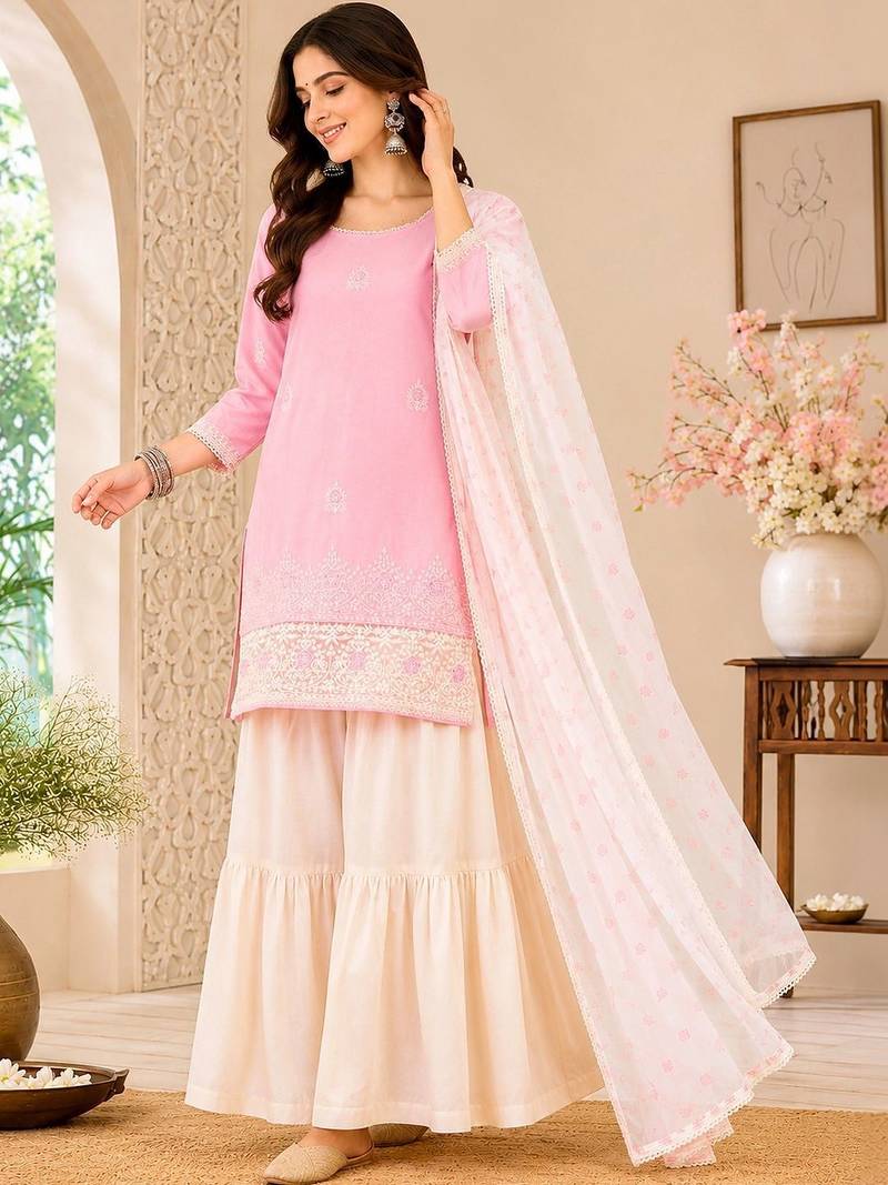 Women Ethnic Motifs Embroidered Regular Thread Work Kurta with Sharara & With Dupatta