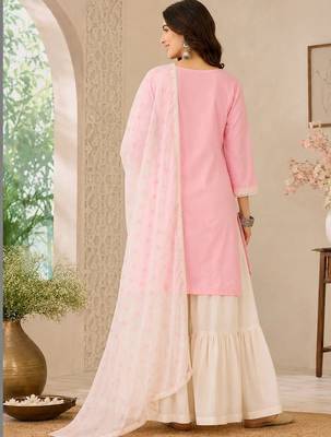 Women Ethnic Motifs Embroidered Regular Thread Work Kurta with Sharara & With Dupatta 4