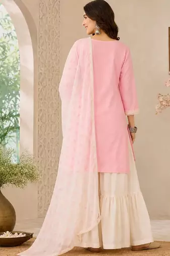 Women Ethnic Motifs Embroidered Regular Thread Work Kurta with Sharara & With Dupatta