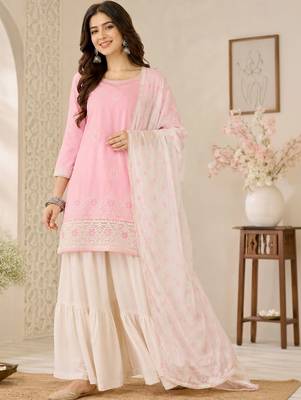 Women Ethnic Motifs Embroidered Regular Thread Work Kurta with Sharara & With Dupatta 6