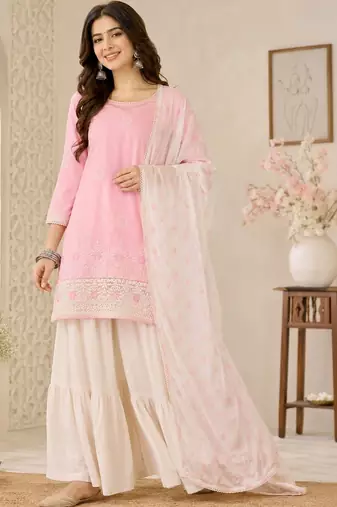Women Ethnic Motifs Embroidered Regular Thread Work Kurta with Sharara & With Dupatta
