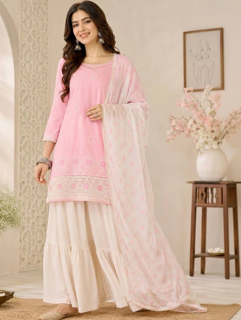 Women Ethnic Motifs Embroidered Regular Thread Work Kurta with Sharara & With Dupatta