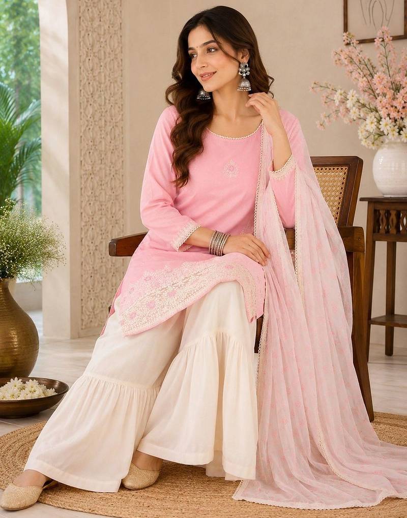 Women Ethnic Motifs Embroidered Regular Thread Work Kurta with Sharara & With Dupatta