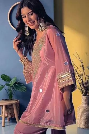 Women Ethnic Motifs Embroidered Regular Mirror Work Kurta with Palazzos