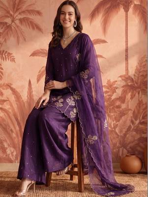Women Ethnic Motifs Embroidered Regular Thread Work Chanderi Silk Kurta with Palazzos & With Dupatta 1