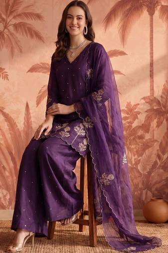 Women Ethnic Motifs Embroidered Regular Thread Work Chanderi Silk Kurta with Palazzos & With Dupatta