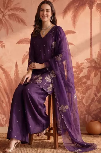 Women Ethnic Motifs Embroidered Regular Thread Work Chanderi Silk Kurta with Palazzos & With Dupatta