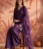 Women Ethnic Motifs Embroidered Regular Thread Work Chanderi Silk Kurta with Palazzos & With Dupatta