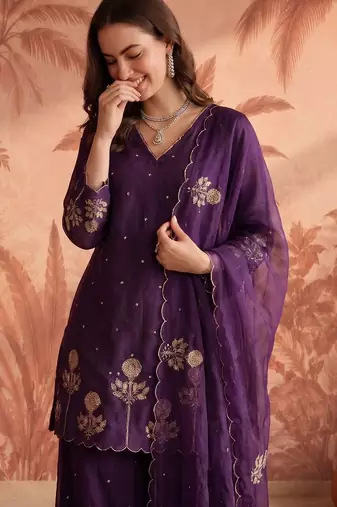 Women Ethnic Motifs Embroidered Regular Thread Work Chanderi Silk Kurta with Palazzos & With Dupatta