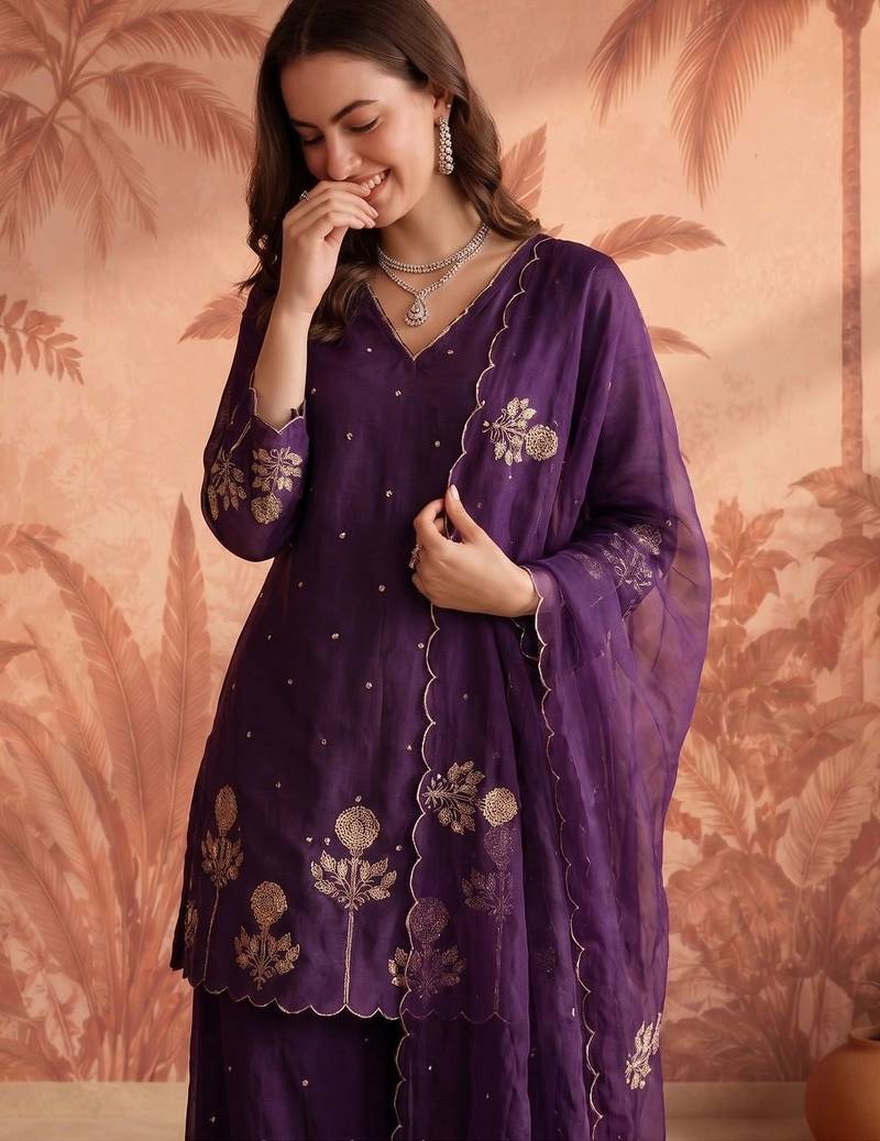 Women Ethnic Motifs Embroidered Regular Thread Work Chanderi Silk Kurta with Palazzos & With Dupatta