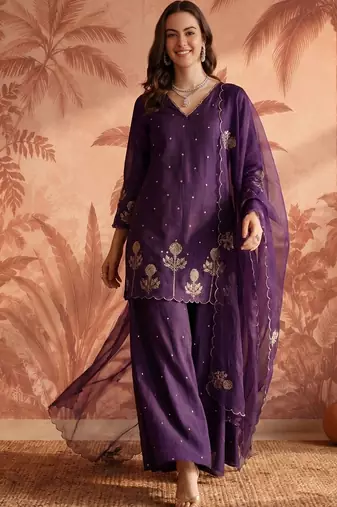 Women Ethnic Motifs Embroidered Regular Thread Work Chanderi Silk Kurta with Palazzos & With Dupatta