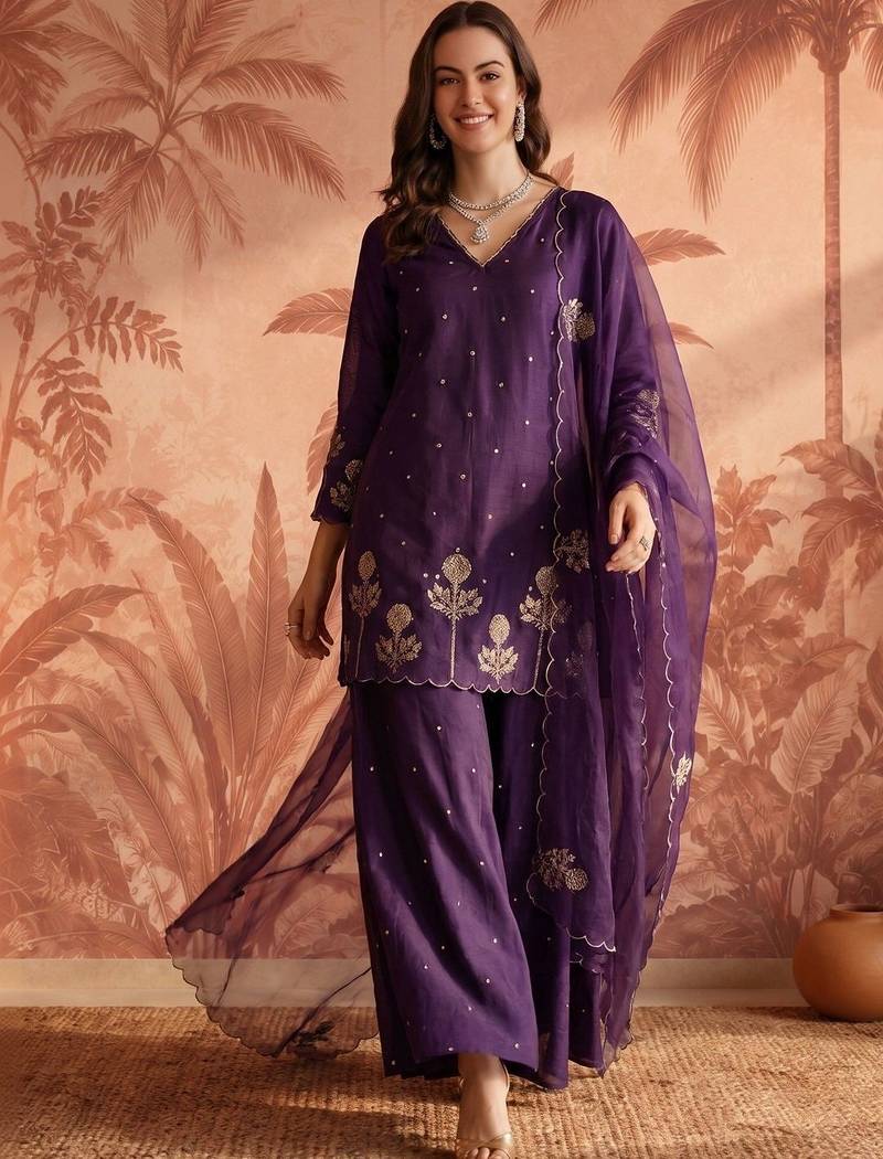 Women Ethnic Motifs Embroidered Regular Thread Work Chanderi Silk Kurta with Palazzos & With Dupatta
