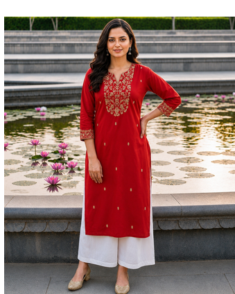 Red Rayon Embroidered Kurti with Palazzo for Women | Festive Wear 1