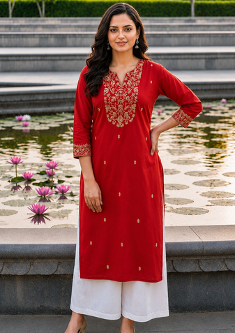 Red Rayon Embroidered Kurti with Palazzo for Women | Festive Wear