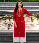 Red Rayon Embroidered Kurti with Palazzo for Women | Festive Wear
