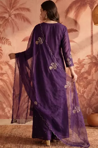 Women Ethnic Motifs Embroidered Regular Thread Work Chanderi Silk Kurta with Palazzos & With Dupatta