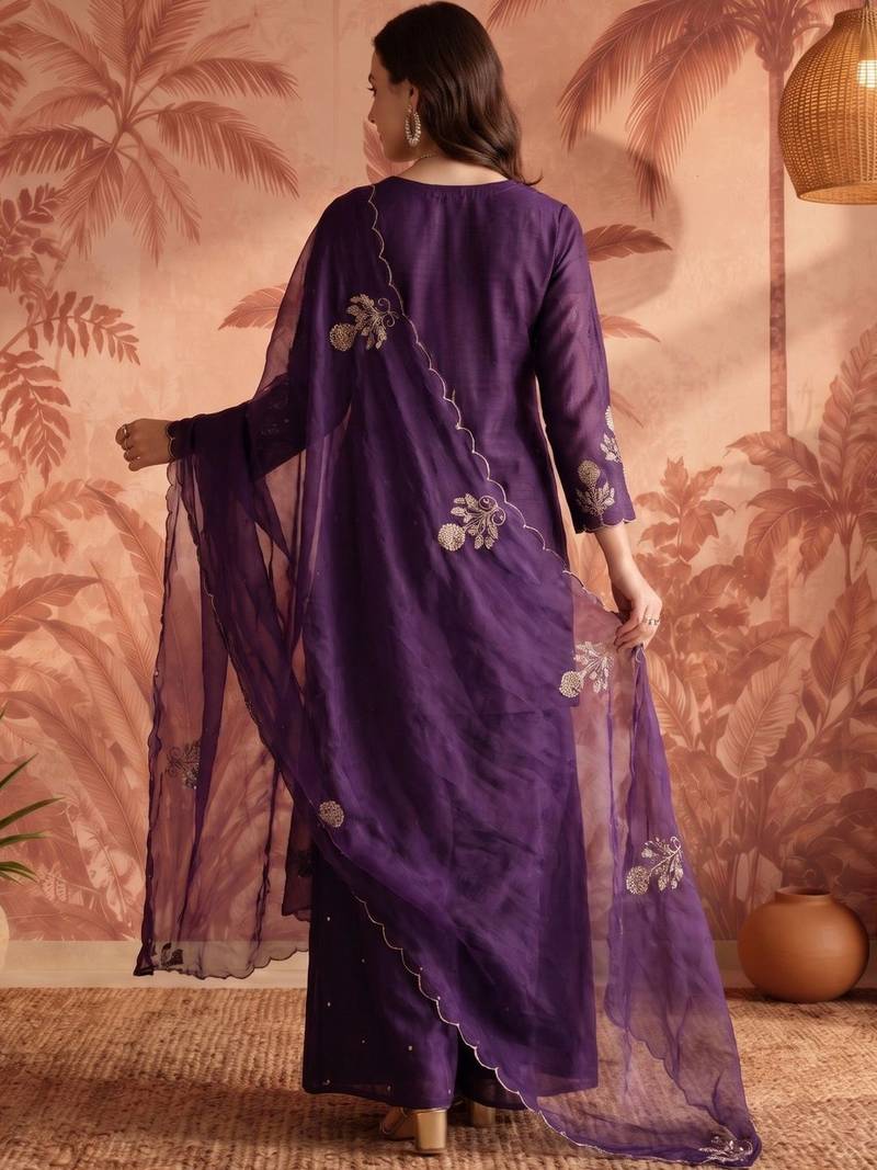 Women Ethnic Motifs Embroidered Regular Thread Work Chanderi Silk Kurta with Palazzos & With Dupatta