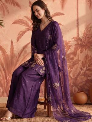 Women Ethnic Motifs Embroidered Regular Thread Work Chanderi Silk Kurta with Palazzos & With Dupatta 5
